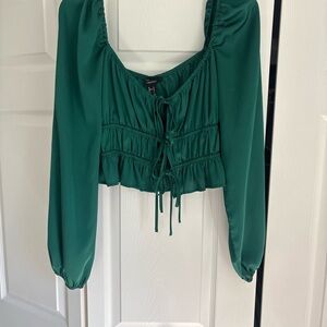 Forever 21 Emerald Green Long-Sleeve Tie-Front Crop Top